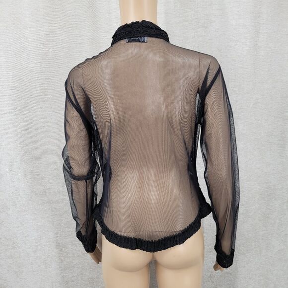 Vintage Sheer Black Soutache Embroidery Button Up Blouse Mobwife Mesh  Illusion - Picture 7 of 13